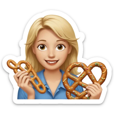 Woman with Dirty blond hair, fair skin with freckles,  holding pretzels and winking one eye sticker