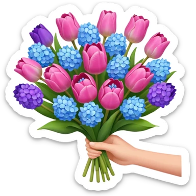 tulip, hyacinth and hydrangeas boquet in one hand held boquet sticker