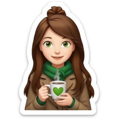 Girl green eyes brown long hair with brown-white winter clothes with coffee in her arms sticker