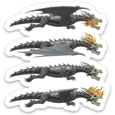 A sprite sheet of a cybernetic dragon with a burning skull head, show all 4 stages of him flying with no back ground, show the 4 stages of him flying in a row, with changing wing positions for each stage of flying, all 4 must be pointing right sticker