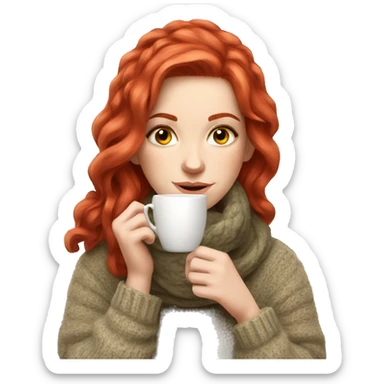 White girl red hair in a sweater and scarf sipping tea  sticker