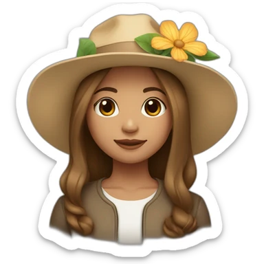 Light skin, Girl with a flower in her hand, with a hat, shoulder-length brown straight hair sticker