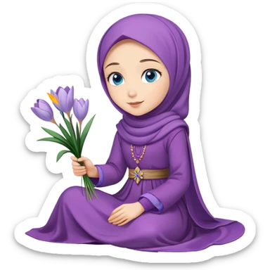 Turkish beautiful finish Konya girl blue eyes with crocus flower hijab long tail dress on the floor and hold crocus flower on hand  sticker