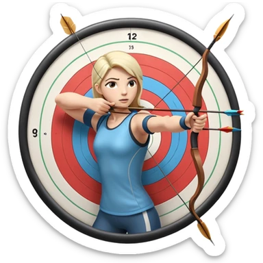 An archer drawing a bow and aiming an arrow at a target, with perfect focus and precision. The target is visible in the background, featuring concentric rings. The scene captures the concentration and skill involved in archery, emphasizing the elegance and accuracy of the sport. sticker