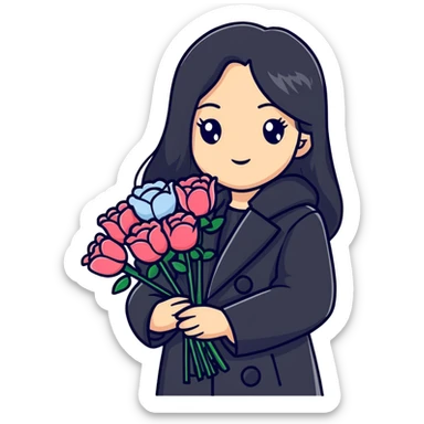 beautiful girl with long black hair wearing a black coat holding a bouquet of flowers sticker