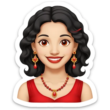 "- Phụ nữ
- 35 tuổi
- Da vàng
- Tóc đen xoăn nhẹ
- Có chấm đỏ Bindi, đeo khuyên tai
- Mặt cười
" sticker