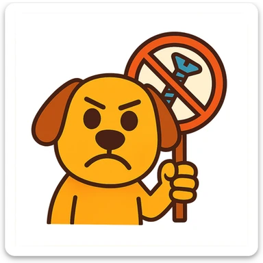 humorous emoji of a dog holding a 'no screws' sign, for 'Don't screw the pooch' sticker