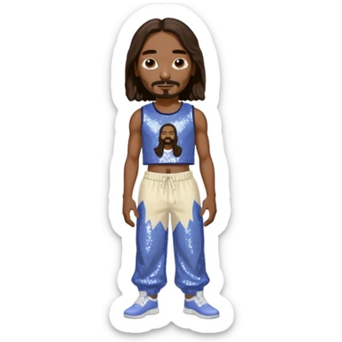 Snoop Dogg with long dark brown hair, periwinkle sequin crop top, cream sequin baggy pants sticker
