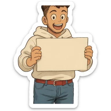 1 male, mid fade haircut dark chestnut brown curly hair, toasted lightskin, white hoodie sleeves up, fashion jeans, red fashion-sneakers shoes, red belt, short trimmed beard and goatee,  style of deku from "my hero academia", pose: holding a blank poster shoulder level, the image is framed from the waist to above the top of the head, facial expression is excited sticker