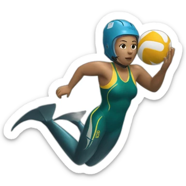 Underwater-rugby woman player, holding a ball, swiming downward, with fins and snorkel equipement sticker