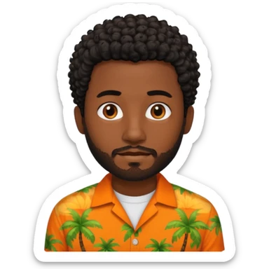 create an emoji of a man but with very very short curly black hair, no hair on the sides, dark skin, dark brown eyes and a short beard without a moustache and an orange and tropical shirt sticker