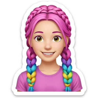 Woman with braided rainbow hair, happy — long braids, pink shirt sticker