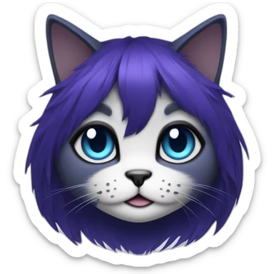 cat, reaper, purple eyes, blue fur, hair style is slightly disheveled bob with side bangs, black hair , piercings in the ears sticker