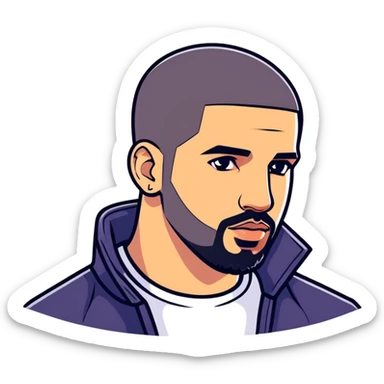 Hyperrealism, isolated, 3D rendering, digital stickers illustration of the Canadian rapper " Drake" 2025. Must be of highest quality 2800x2800px , clean smooth lines, no emoji icons or faces, glossy appearance overall. Full transparent background  sticker