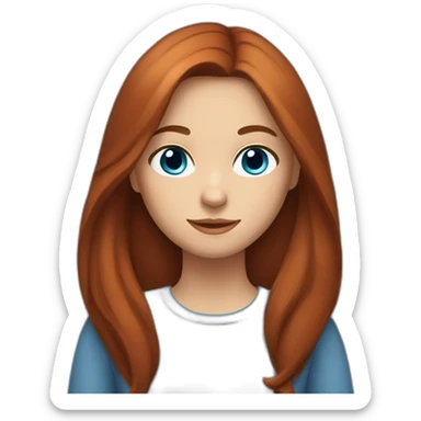 a girl with long, straight brown hair and blue eyes with a red cat sticker