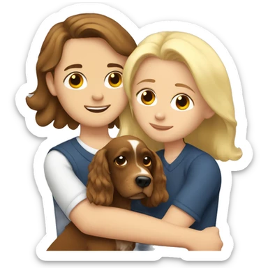 Brown hair Girl hugs an Blonde Boy with cocker spaniel  sticker