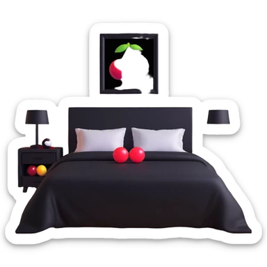 dark bedroom with black walls, black bed frame with black sheets, framed paintings of magic 8 balls and cherries, black nightstand with red LED lights sticker