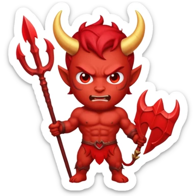 Emoji-style devil: red skin, horns, muscular body, red trident, angry face, same cute emoji style as the angel. sticker