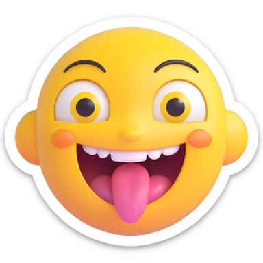 cute 3D cartoon emoji of a happy yellow face, big glossy eyes, open mouth smiling, shiny surface, small tongue showing, isolated on transparent background sticker