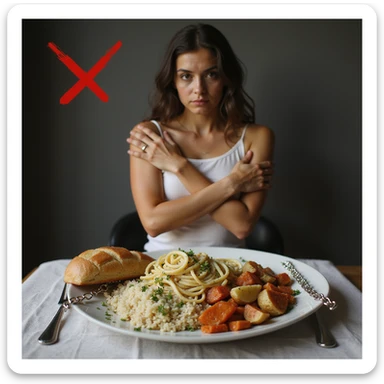 realistic style woman crossing arms and looking away rigidly from a plate with bread, pasta, rice, and potatoes, symbols including a red Italian X and chains, atmosphere of refusal, Italian text if present sticker