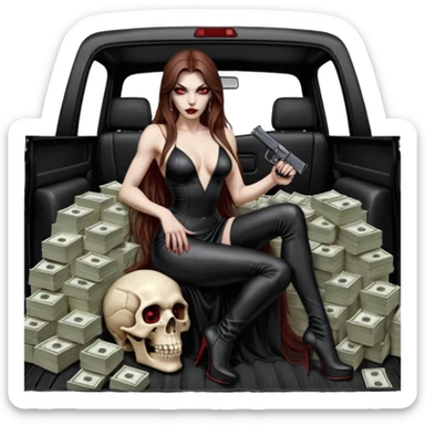 Lilith red eye seductress evil long brown haired sexy succubus woman with leather long seductive dress on, sitting in Big Large F350 pickup truck. Wearing super tall black platform high heels, Back seat full of stacks of cash, she is  Holding a human skull of her enemies and a gun in other hand sticker