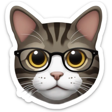 Striped wenge domestic shorthair cat head with white mouth wearing glasses sticker