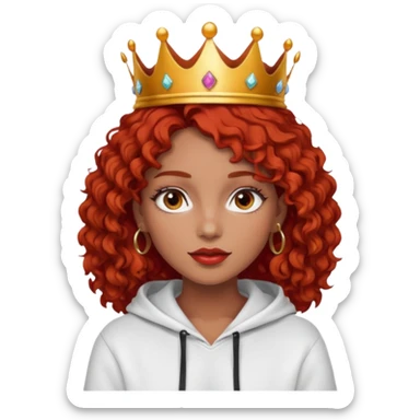 Slim girl with a fine face, dark chocolate-colored and tanned skin, medium-length curly tomato-red hair, dark eyes, medium-thick eyelashes, and a crown and hoop earrings wearing a white hooded sweatshirt.
 sticker