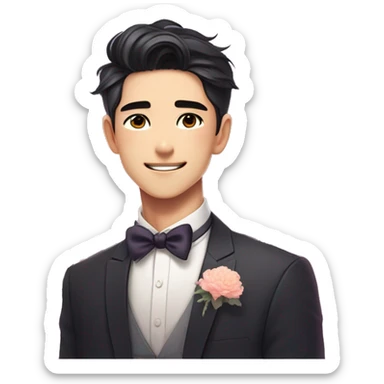 Gorgeous romantic anime style Asian formal modern gentlemanly guy with flowers and blushing face aesthetic trending style outside with colorful gradient colors sticker