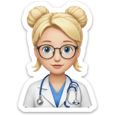 Blonde hair with two buns, blue eyes, stethoscope, and glasses sticker