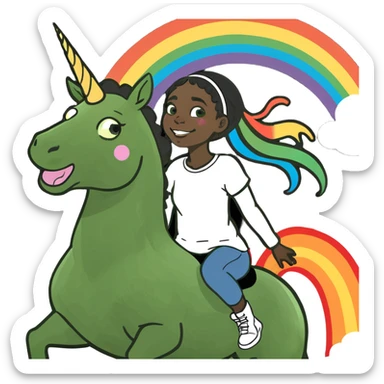 Black girl riding a unicorn farting rainbows sticker