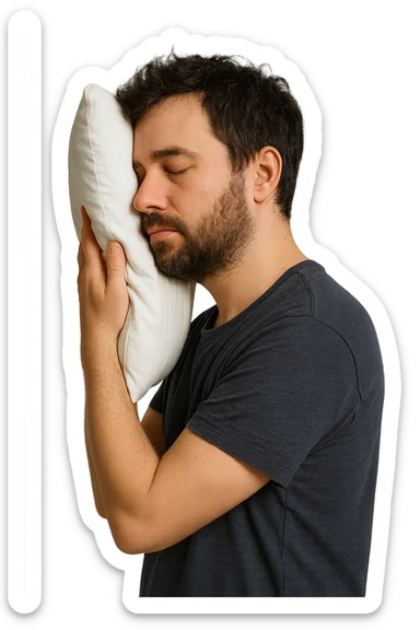 uomo di profilo assonnato che si tiene un cuscino contro la testa, occhi chiusi, iperrealistico 4k, isolato su sfondo bianco sticker