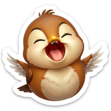 Cinematic Cute Yawning Robin Portrait Emoji, Head tilted slightly with a dramatic, wide-open yawn, showcasing a small, softly feathered body with gently drooping wings and sleepy, half-closed eyes, Simplified yet irresistibly adorable features, highly detailed, glowing with a soft, cozy glow, high shine, relaxed yet expressive, stylized with a dash of whimsical woodland charm, soft glowing outline, capturing the essence of a drowsy yet affectionate robin that appears ready to stretch out for a nap! sticker