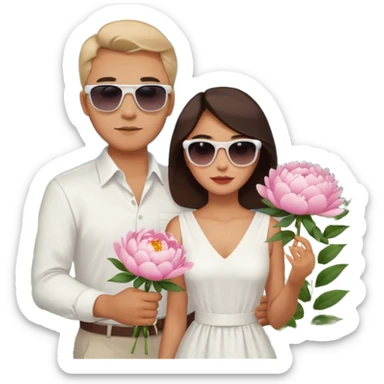 Couple traveling in Montenegro russian man and elegant  Latina girl delicate peonies and mountains in the background  sticker