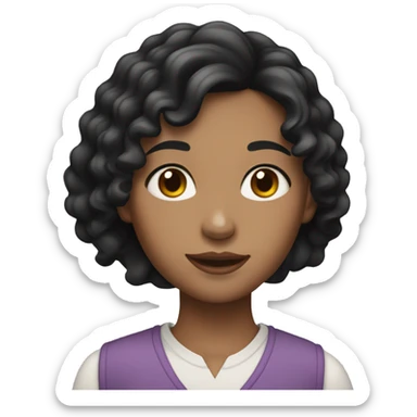 A girl with black wavy hair below her shoulders and white skin color sticker