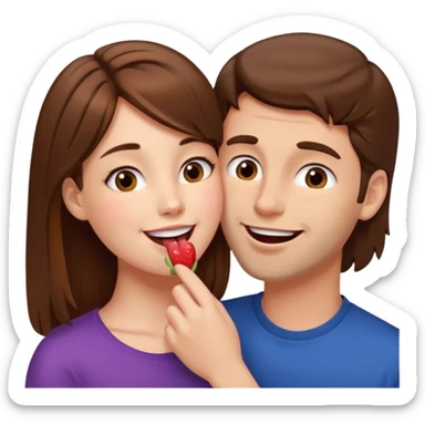 There is a girl with brown hair standing next to her, a tall man with brown hair, and the girl passionately licks his cheek sticker