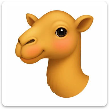 Edit the camel emoji to remove the hat, the green part of its neck, and the thing in or by its mouth. Keep all other details and style exactly like the iOS emoji style reference image. Add a slight blush to the cheeks. sticker