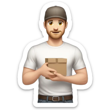 Pale skinned fit Man with dark brown hair in a light gray cap, dark brown jeans, brown polo and white T-shirt keeping a pasted with tape white box into his hands sticker