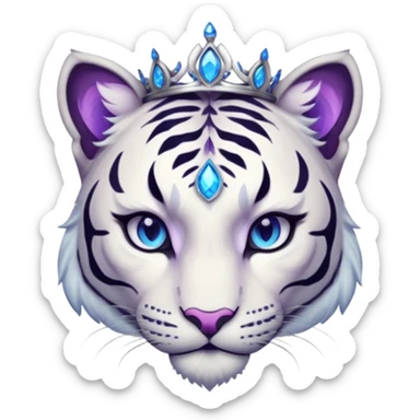 ESO Female white/black tiger khajiit leader of the umbral rose, glowing blue eyes, glowing blue 'third eye' gem; purple gem silver tiara sticker