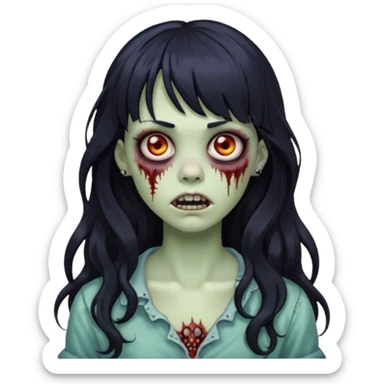crie um kamoji estilo zumbi (feminina) com o cabelo comprido levemente ondulado e com franja preto, coloque alguns piercing  sticker
