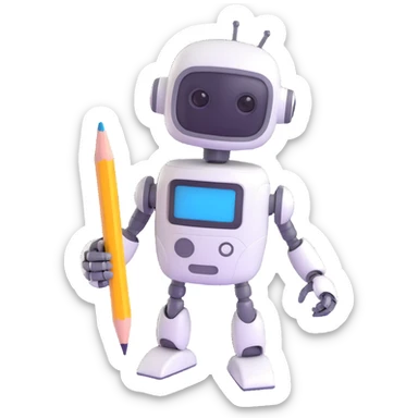 cute robot holding a pencil, cheerful, writer theme sticker