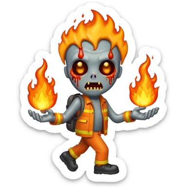 cartoon emoji-style fire zombie, walking with fire, melting features sticker