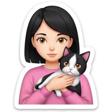 girl with black hair holding a tri-colored cat (black, orange, white) wearing a pink sweater sticker