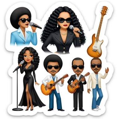 Icon for R&B Music: collage of legendary R&B artists—Diana Ross, Stevie Wonder, Marvin Gaye, Janet Jackson, Billy Ocean, and Whitney Houston. Represented by silhouettes or symbolic items like a microphone, guitar, or music notes. Transparent background. sticker