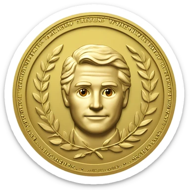 gold coin with large "50" label in center and laurel sticker