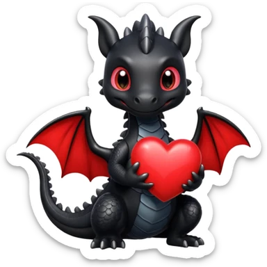 Cute black dragon holding a red heart sticker