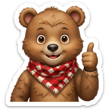 a cute bear smiling and giving thumbs up, wearing red Checkered Triangle scarf sticker
