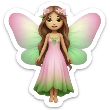 Dreamy pretty nature fairy with long brown hair , pink wings and green dress  sticker