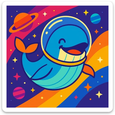 the happiest whale in space, playful, colorful, with a space helmet sticker