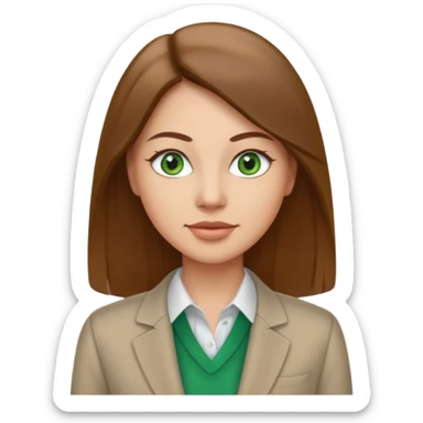 Adult woman avatar, light skin tone, oval face, straight long brown hair, green eyes, neutral mouth, business casual  sticker