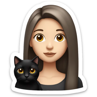 Brunette girl with long hair and brown eyes and fair skin holding a black cat sticker